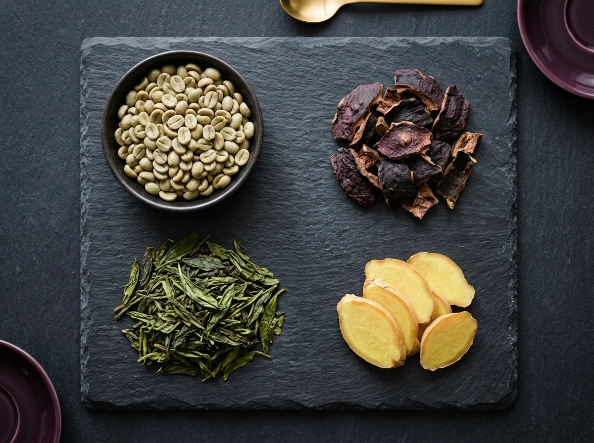Flat lay of green coffee beans, garcinia rind, green tea leaves and ginger root - key ingredients in Slim Coffee Booster